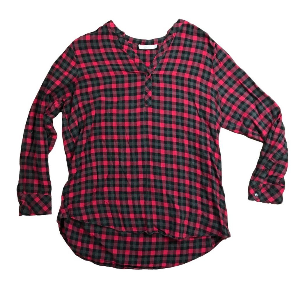 Dalia Plaid V-Neck Long Tabbed Sleeves Flannel Top Women's Size XL 100% Cotton